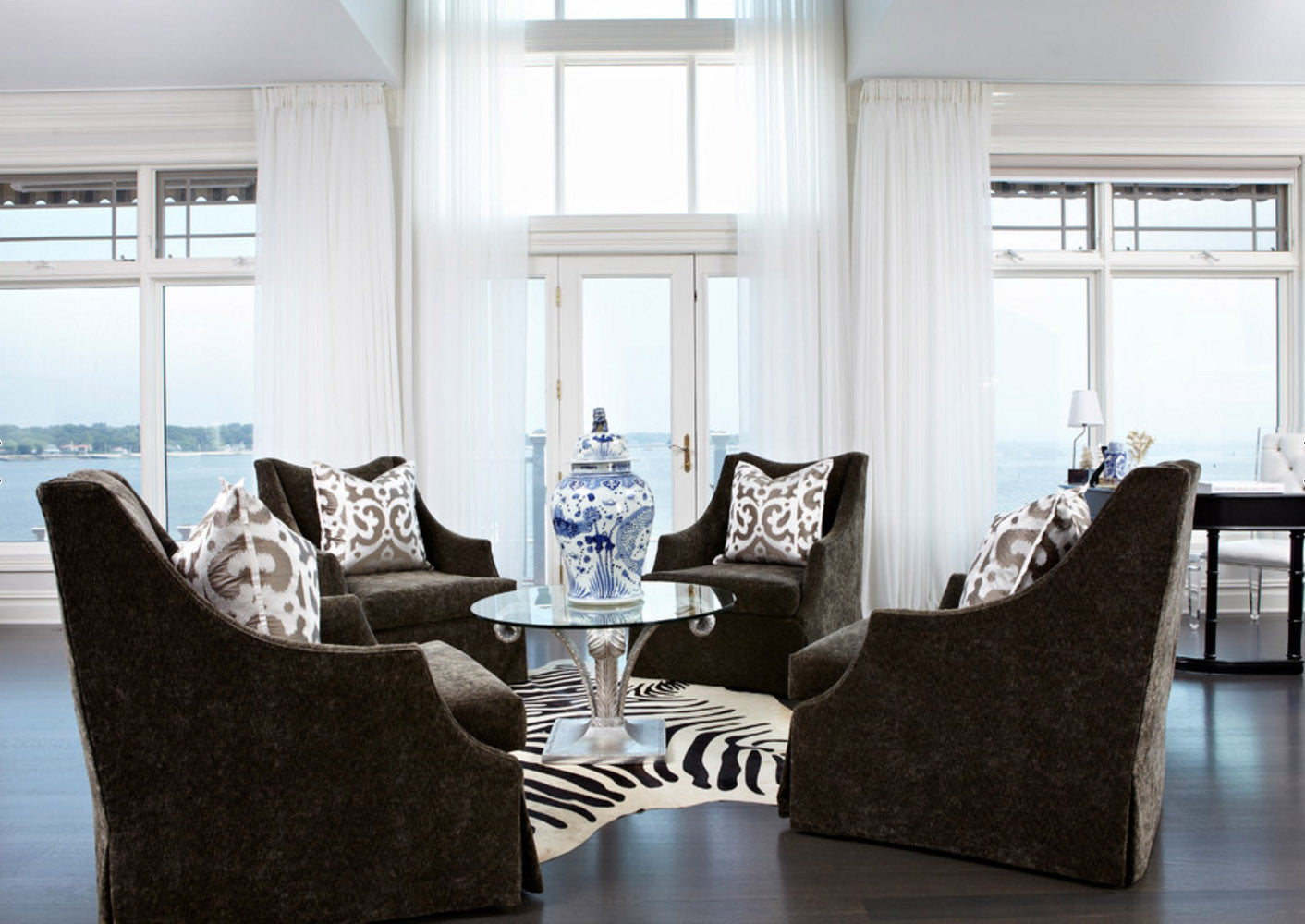 Zebra Print on off-white Cowhide rug center room