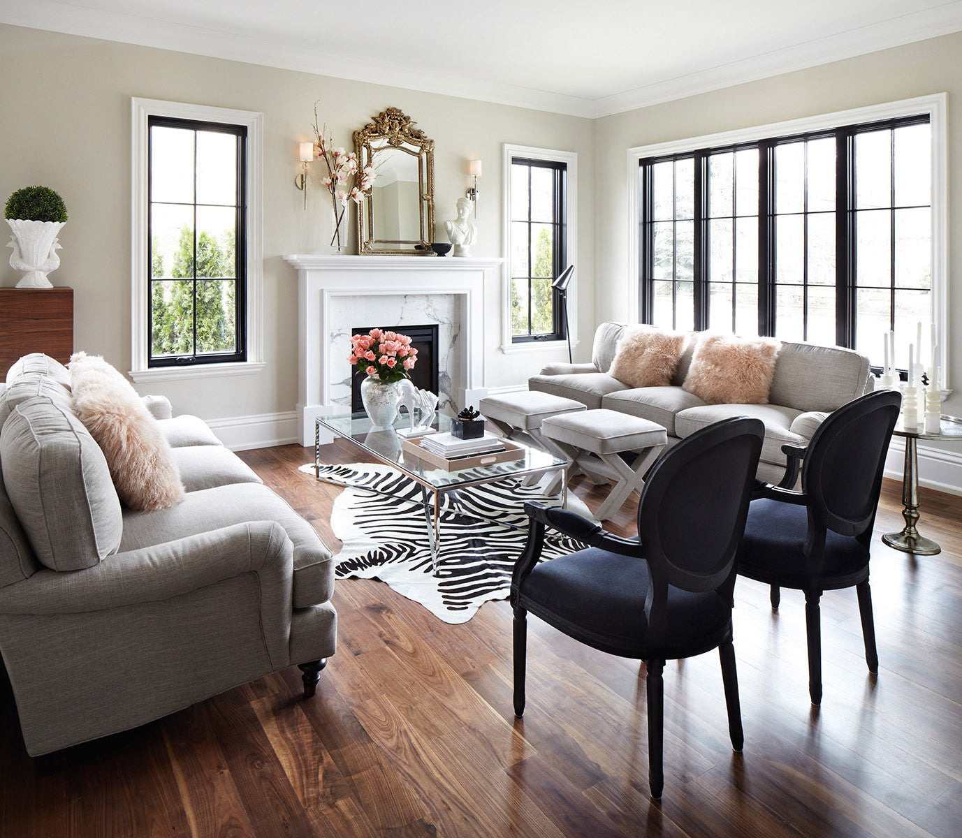 Zebra Print on off-white Cowhide rug Alt room