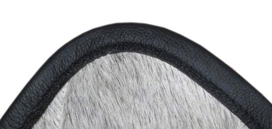 Gray Square Pattern Cowhide Rug with Leather Binding close up