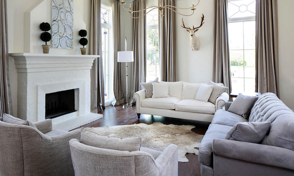 Gray Beige cowhide rug living room homepage pic