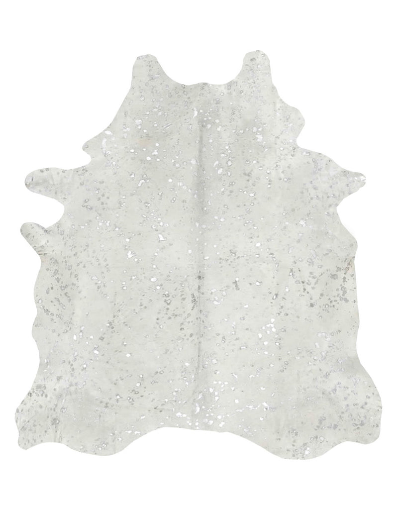 Metallic silver on off white cowhide rug