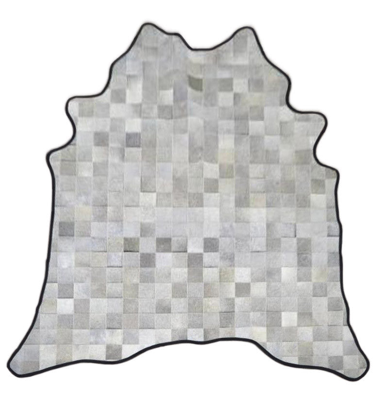 Gray Square Pattern Cowhide Rug with Leather Binding