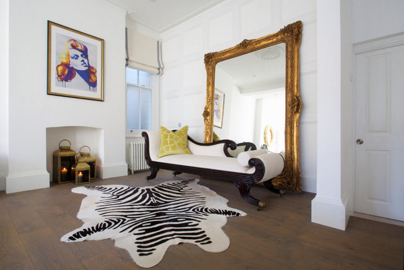 Zebra Print on off-white Cowhide rug eclectic room