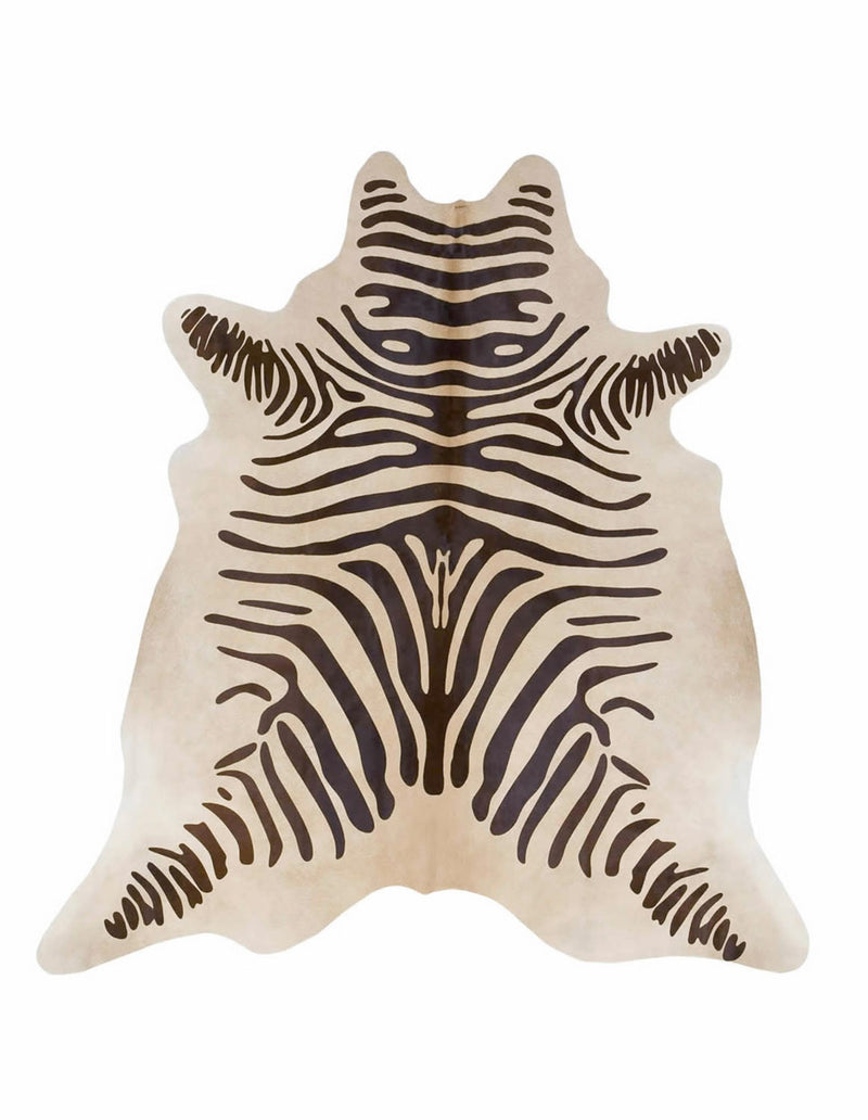 Zebra print cowhide rug brown on light beige